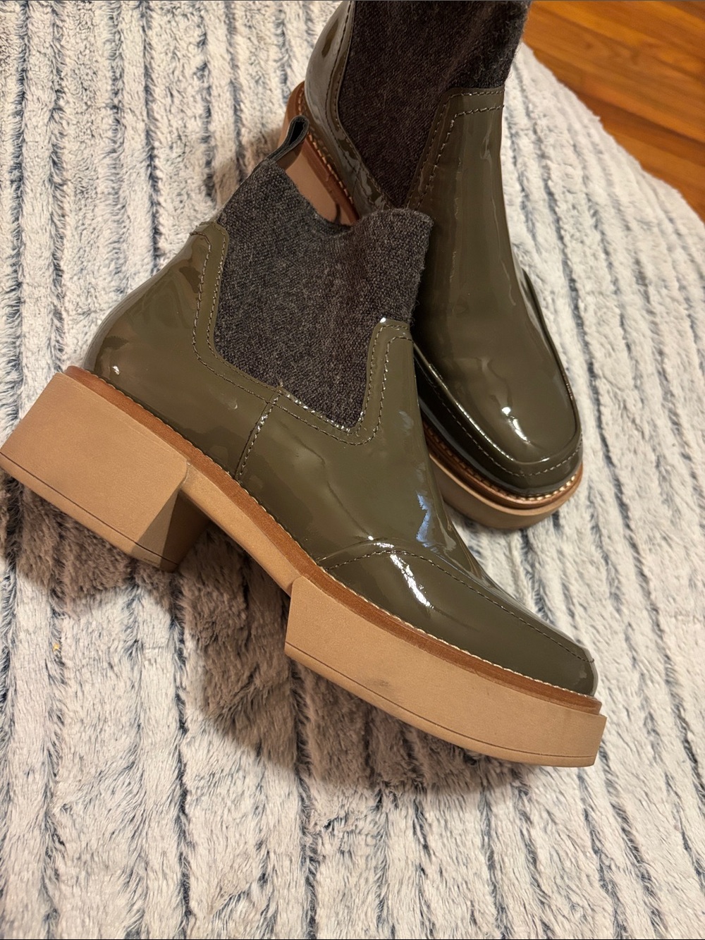 Dolce Vita Olive Patent Chelsea Boot with Chunky Tan Platform